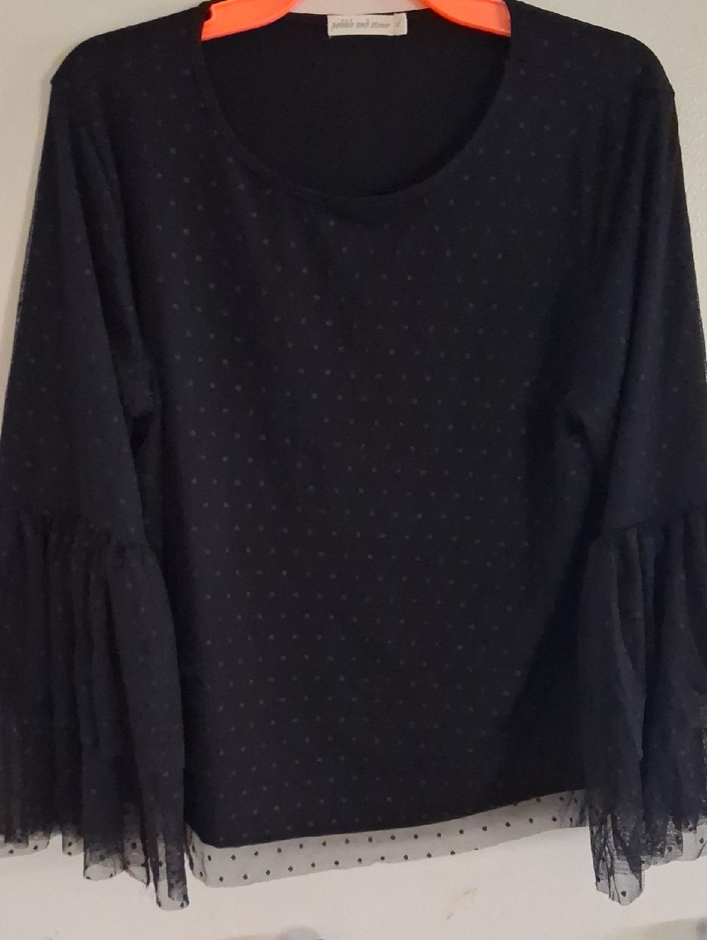 pebble and stone Black Long Sleeve Polka Dot Top with Ruffle Sleeves